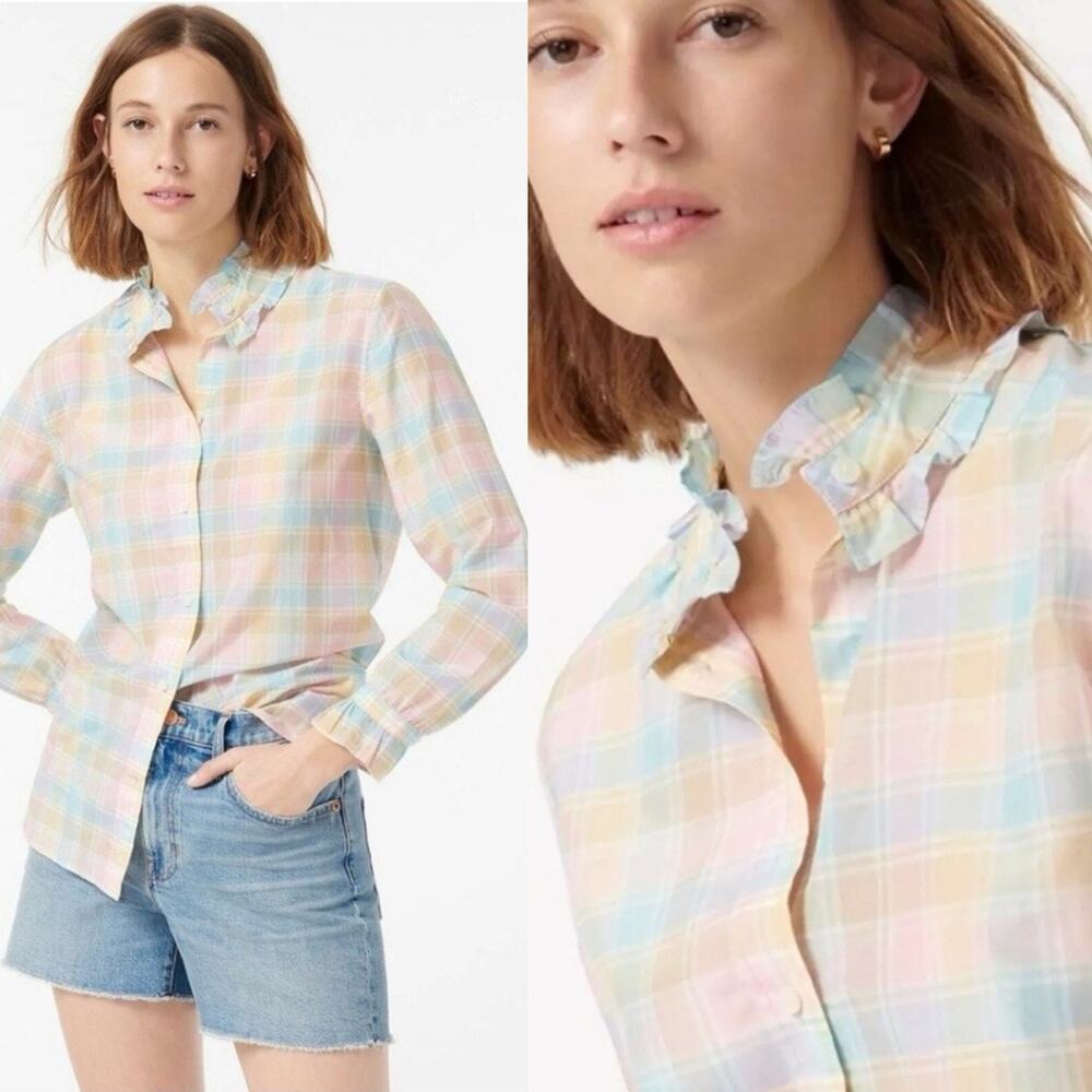 J.Crew Preppy Spring Classic Fit Cotton-Silk Voile Ruffle Shirt Pastel Plaid 16
